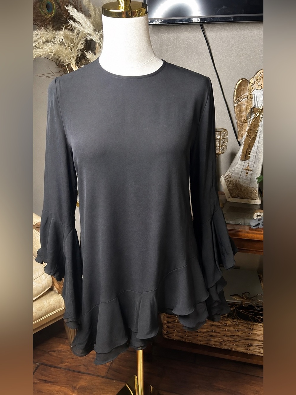 100 % Silk ALEXIS Stone Asymmetrical Ruffle Blouse bell sleeves Quiet Luxury